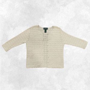 Vintage Exclusive Hand Knit Ralph Lauren Bright Cream 100% Cotton Cardigan